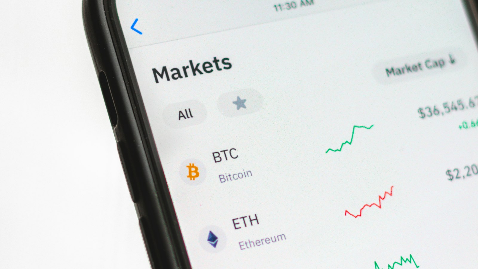 Smartphone showing BTC and ETH market prices